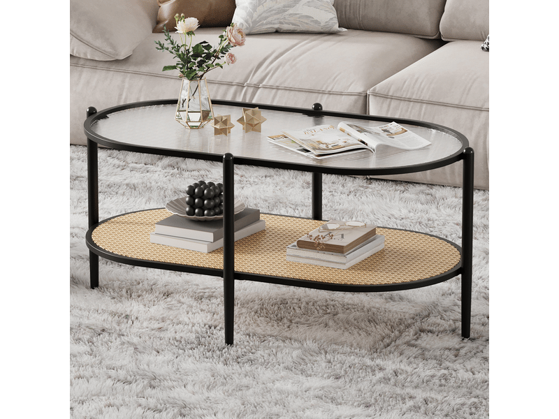  Table basse ovale en rotin - plateau en verre trempé ondulé - 2 niveaux avec étagère - cadre métal renforcé - 95 x 50 x 46 cm ,noir PHK_346K4GDV - Conforama D