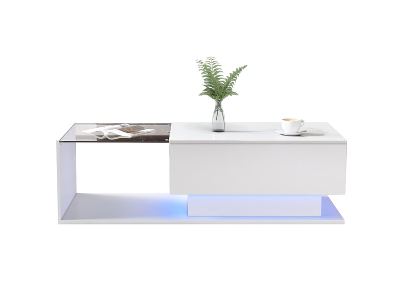  Table basse 100x50x32 cm avec plateau en verre, éclairage led, tiroir de rangement, finition blanc brillant, design moderne pour salon - blanc  - Conforama A