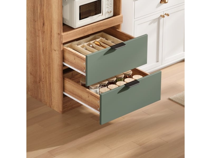 Buffet haut de cuisine 59,5x45x200 cm avec portes, tiroirs et rangements ouverts en mdf vert et aspect bois  - Conforama R