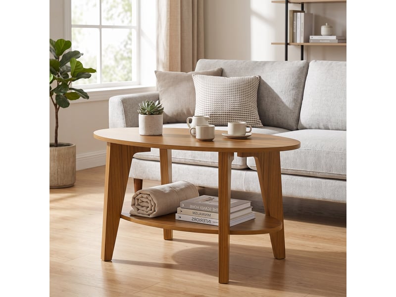  Table basse ovale style campagne chic effet bois chêne moyen avec étagère  - Conforama D