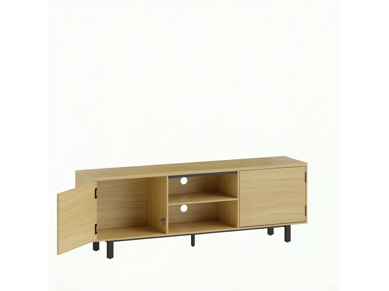  Meuble tv 160 cm pour écran jusqu’à 65 pouces, 2 portes et 2 niches, naturel noir  - Conforama A