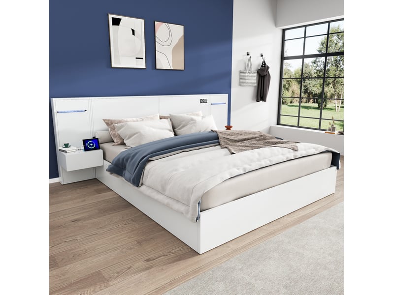  Lit 2 places 160x200 cm – blanc – usb, bluetooth, horloge électronique, led et 2 chevets – sans matelas  - Conforama B