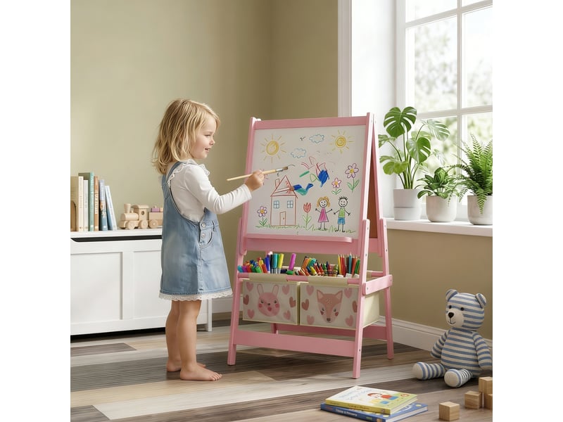  Tableau chevalet enfant ardoise double face tableau à craie rouleau papier 2 paniers rose 54 x 46,5 x 93 cm  - Conforama D