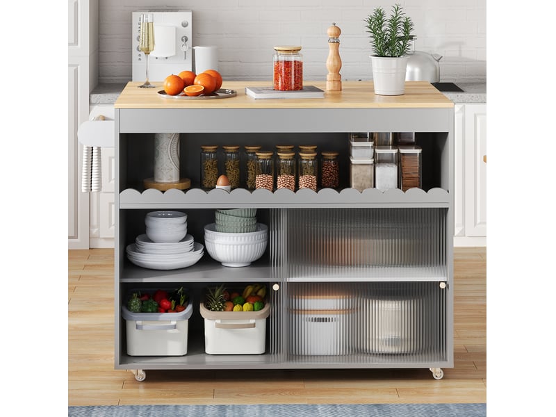  Desserte de cuisine 122x46(69)x91 cm grise avec plateau rabattable et roulettes  - Conforama B