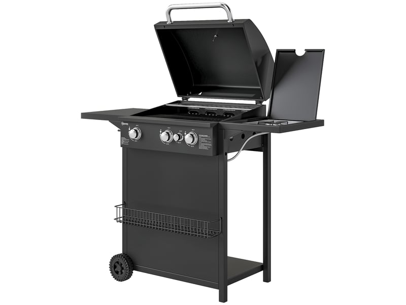  Barbecue gaz 3+1 brûleurs en acier, puissance 9,5 kw, barbecue de jardin 2 grilles étagères latérales, 2 roues, noir  - Conforama B