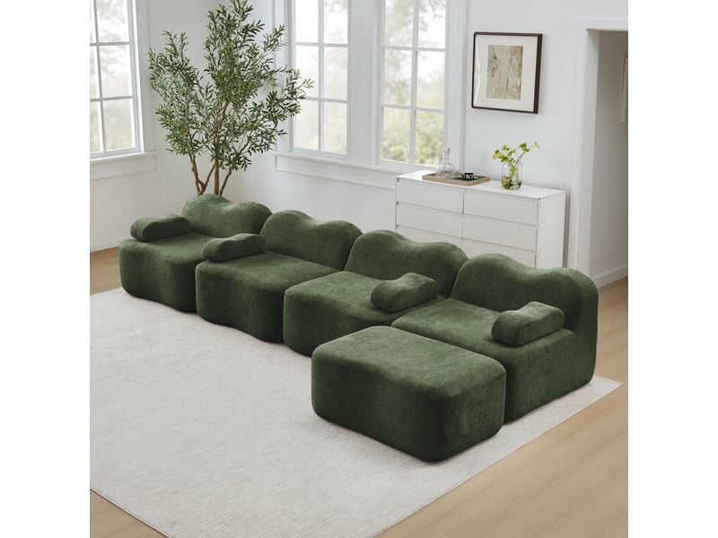  Canapé modulaire 4 places en velours vert, canapé d’angle avec pouf, mousse haute densité 32d et éléments repositionnables pour salon  - Conforama E