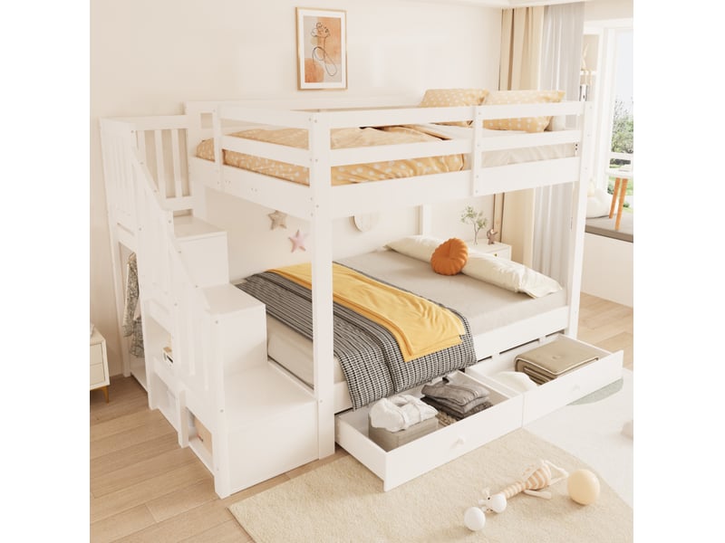  Lit superposé modenvie 140 x 200 cm blanc avec escalier de rangement et 2 tiroirs  - Conforama D