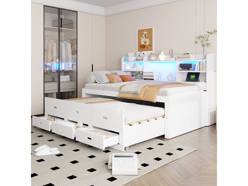  Lit gigogne 90x200cm coloris blanc led panneau de particules lit enfant blanc - Conforama E