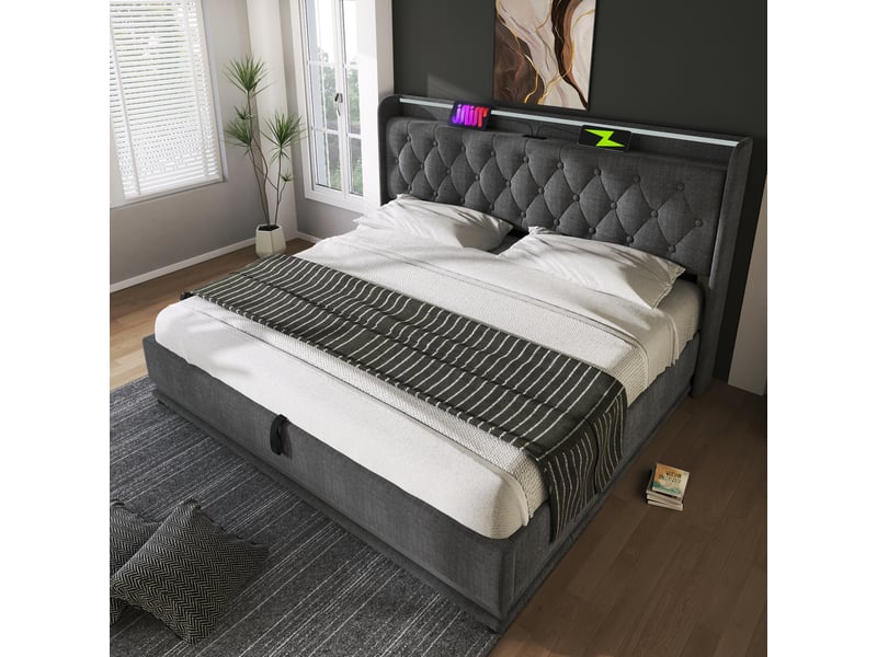  Lit rembourré double 140*200 cm avec led 360°, usb-c, coffre hydraulique et sommier à lattes, gris lin, matelas inclus  - Conforama D