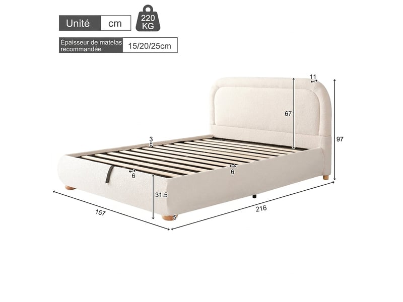  Lit coffre 140x200 double en tissu bouclette beige avec sommier à lattes et rangement hydraulique  - Conforama C