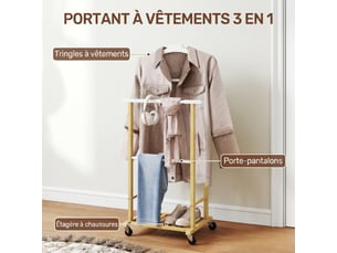 Valet de chambre à roulettes, portant à vêtements en bambou avec cintre intégré, naturel, tiges à pantalons et étagère