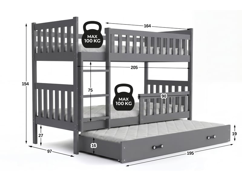 Lit superposé 3 places quba 90x200 cm + lit tiroir 80x190 cm interbeds - bois massif de pin - gris - Conforama C