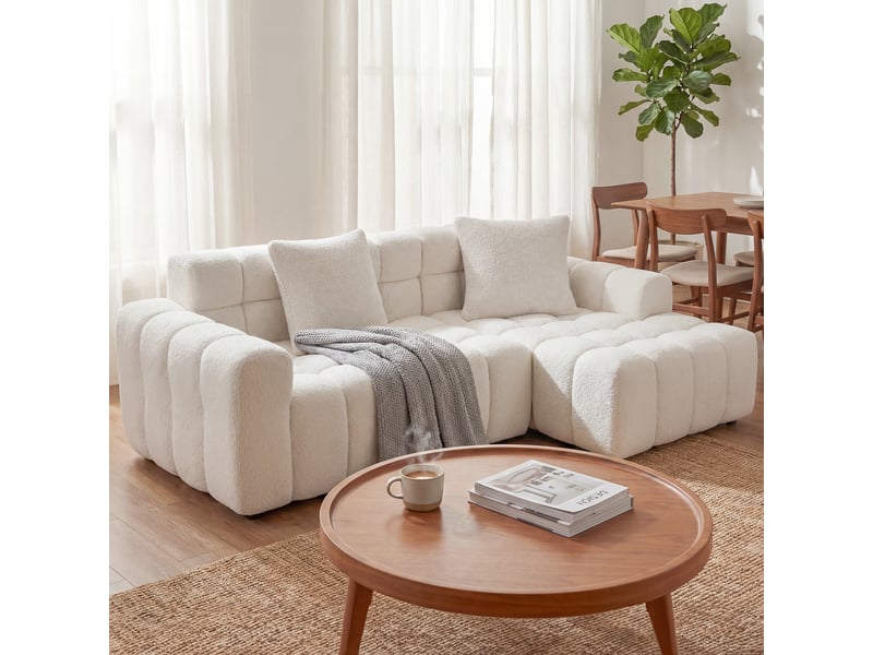  Canapé d'angle 250×150×74 cm 3 places, méridienne gauche en chenille couleur blanc  - Conforama E