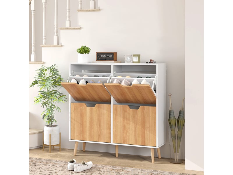  Meuble à chaussures étroit avec 4 tiroirs abattants et étagères réglables pour 16 paires, 95 x 26 x 95 cm, naturel et blanc  - Conforama B