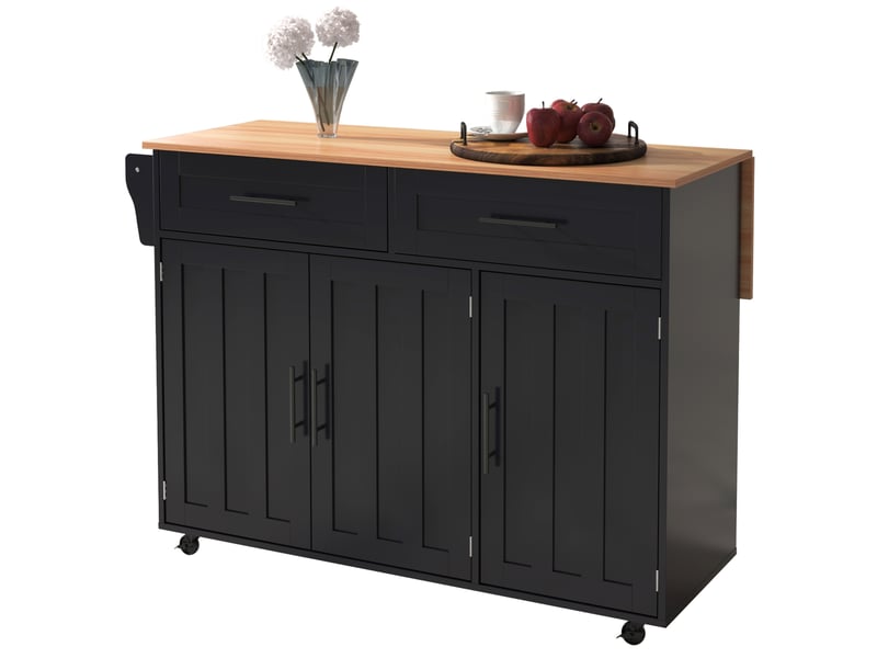  Îlot de cuisine noir avec plateau rabattable, chariot de service sur roulettes avec 2 tiroirs et armoires de rangement, 129x46x91,5cm  - Conforama D