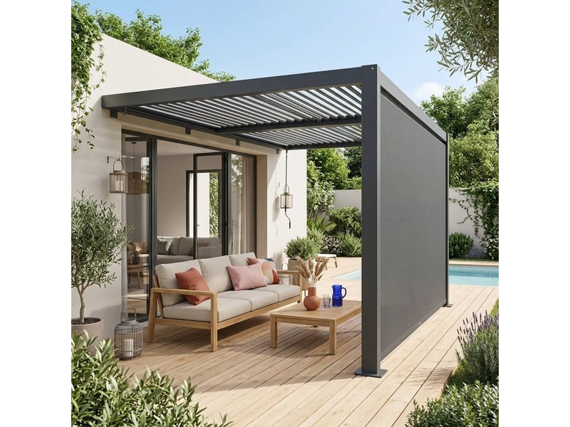  Pergola bioclimatique aluminium adossée 4x3m anthracite + 1 auvent 4m palace  - Conforama B