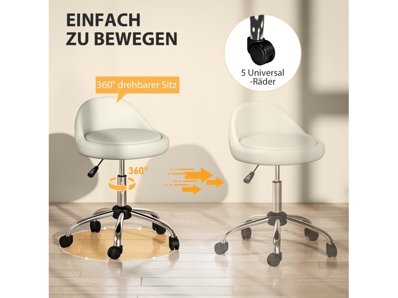  Tabouret de travail 50x35x63-83 cm pivotant réglable, avec roulettes, assise en similicuir blanc, charge max. 120 kg  - Conforama E