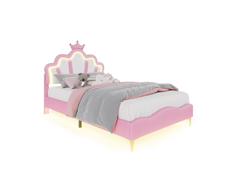  Lit 140x190cm - lit enfant 140x190 - lit double rembourré avec tête de lit couronne, led rgb - moderne - en similicuir pu - rose  - Conforama A