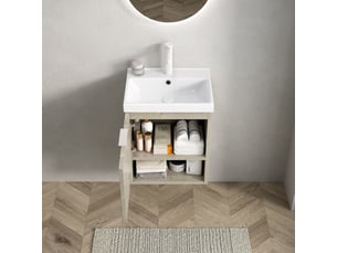 Meuble lavabo kairo - céramique - 42cm - chêne crème - portes doubles - étagère ouverte