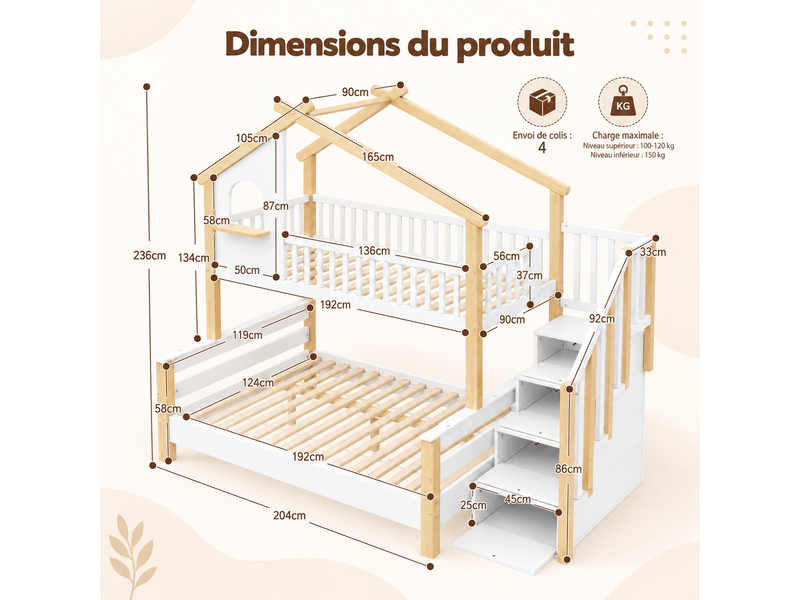 Lit superposé cabane enfant en bois d'ingénierie 90x190120x190 cm blanc et naturel avec escalier de rangement - Conforama C