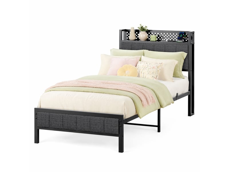  Lit métal ulevr 90 x 200 cm avec rangement sous lit, tête de lit en tissu avec ports de charge et usb, noir  - Conforama A