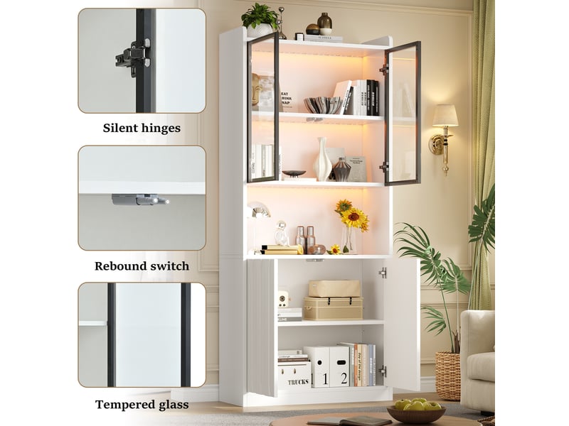  Vitrine double led avec 8 portes, 10 espaces et étagères réglables pour salon et entrée, blanc, 160 × 35 × 200 cm  - Conforama E