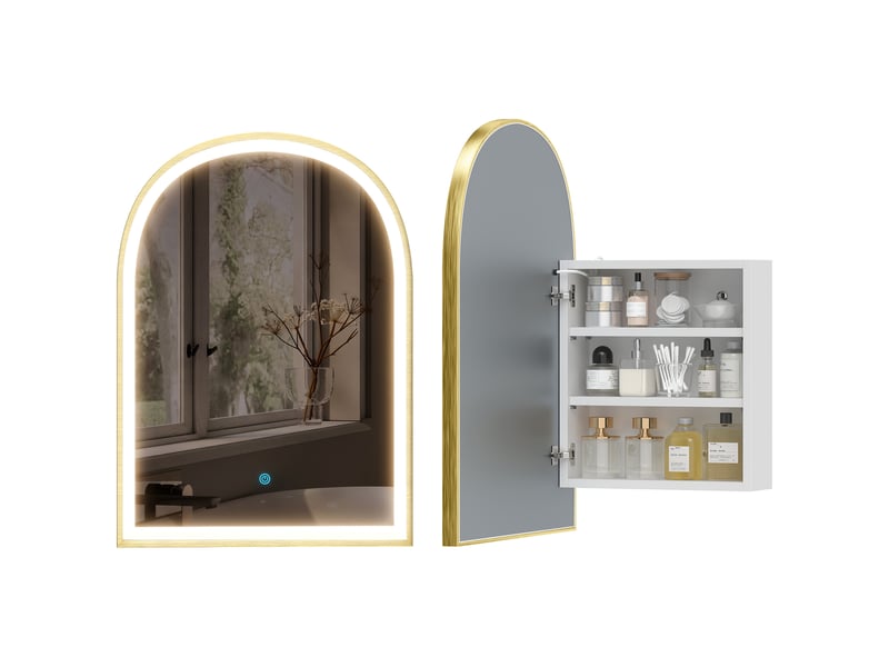  Armoire murale salle de bain avec miroir et éclairage led, porte arquée, anti-buée, 50x14,5x70cm, doré  - Conforama A