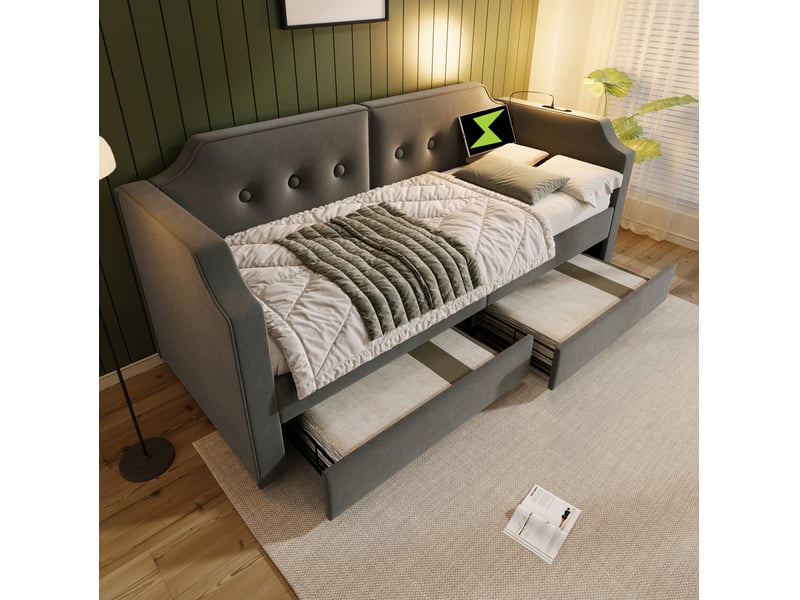  Modenvie lit banquette 90x200 cm - avec 2 tiroirs, usb-c et liseuse, sans matelas - gris  - Conforama B