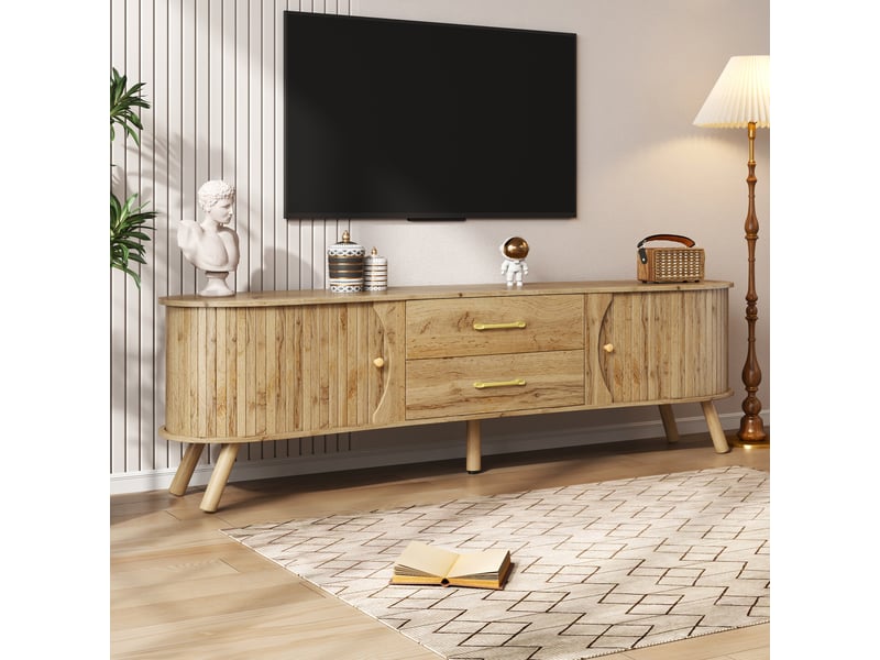  Meuble tv aspect bois naturel foncé à effet cannelé, 2 portes coulissantes 2 tiroirs, pieds en bois massif, aspect bois, style scandinave moderne Bubbly - Conforama B