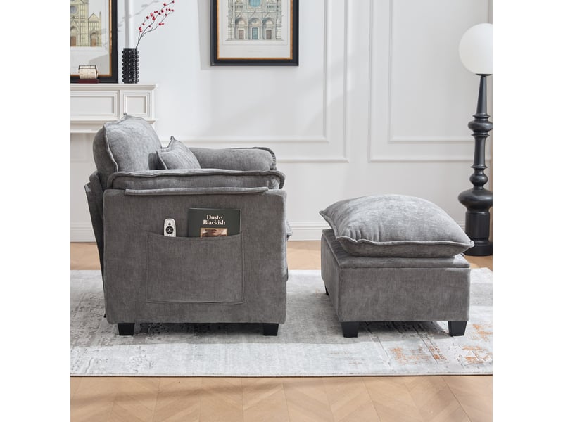  Fauteuil large avec pouf coffre en chenille gris, coussin et poches latérales, assise 1 place IKSETERA TRADING LTD - Conforama E