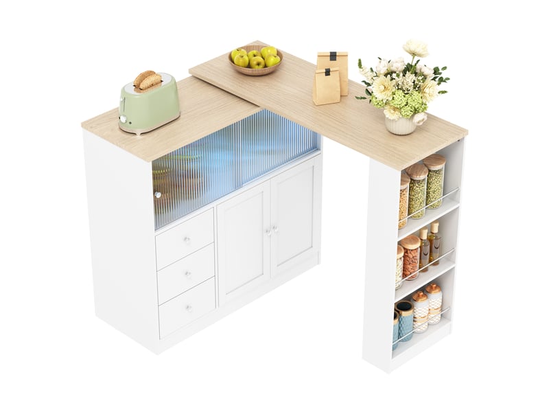  Îlot de cuisine table bar 172x40x96 cm - table pivotante à 360° - porte coulissante vitrée - tiroir et étagères latérales - mdf - blanc CozyNest - Conforama A