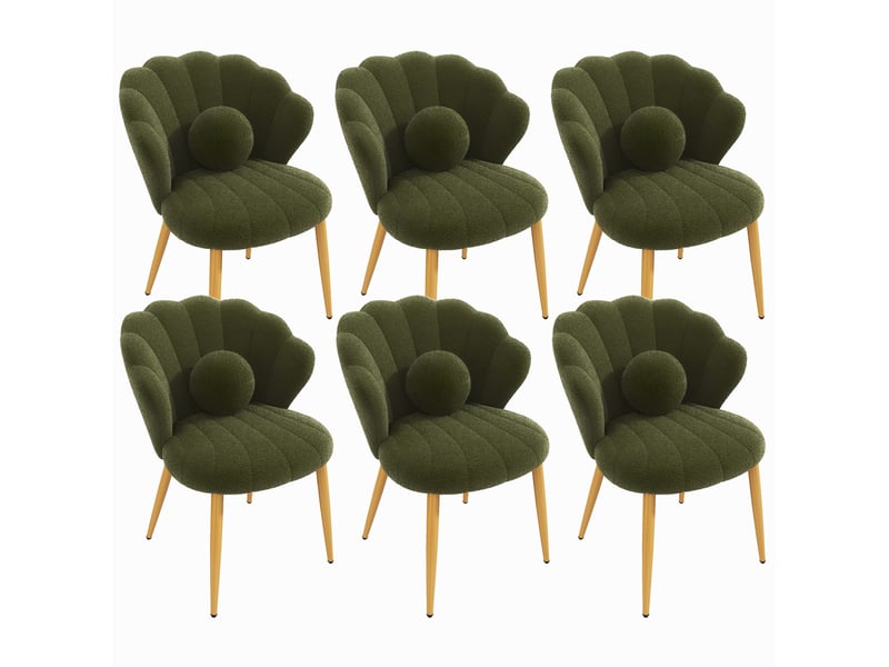 Lot de 6 chaises de salle à manger 60x62,5x83 cm, dossier coquillage, coussins, tissu teddy, vert - Conforama A