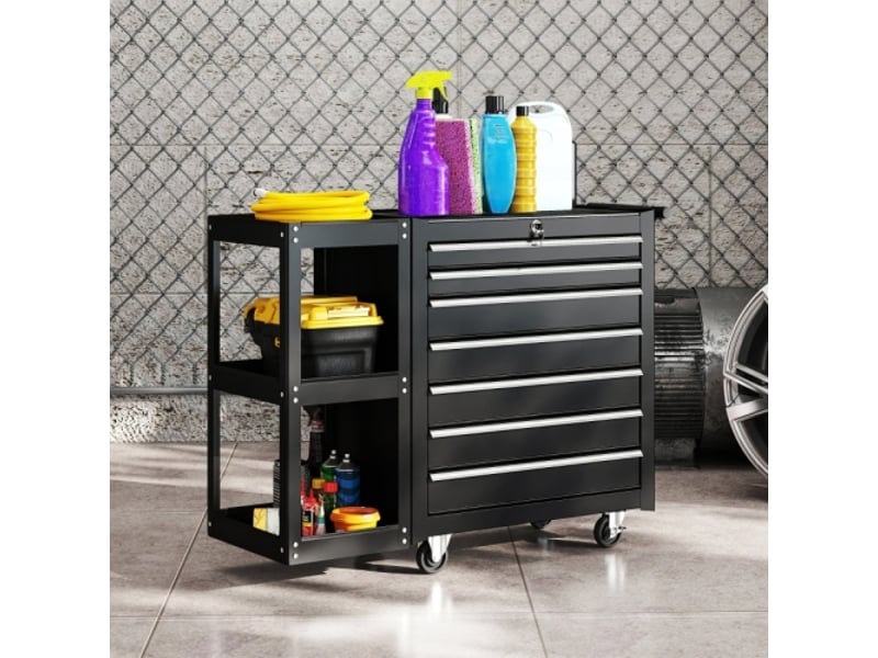  Chariot d'atelier avec 7 tiroirs, servante à outils mobile noire, étagère latérale amovible, 4 roues freinées, 96x33,5x75 cm  - Conforama B