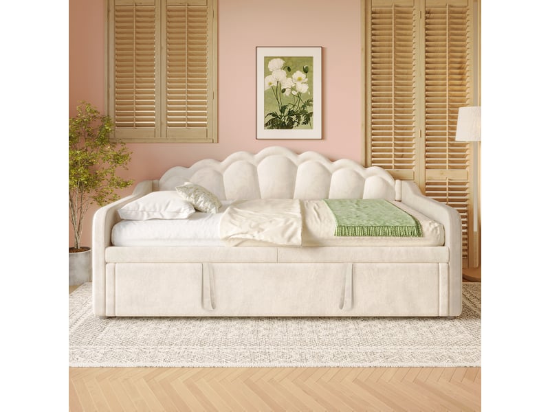  Lit de jour avec lit gigogne 90x200 à 180x200 cm, canapé lit en velours beige, bande led, tête de lit ondulée  - Conforama B