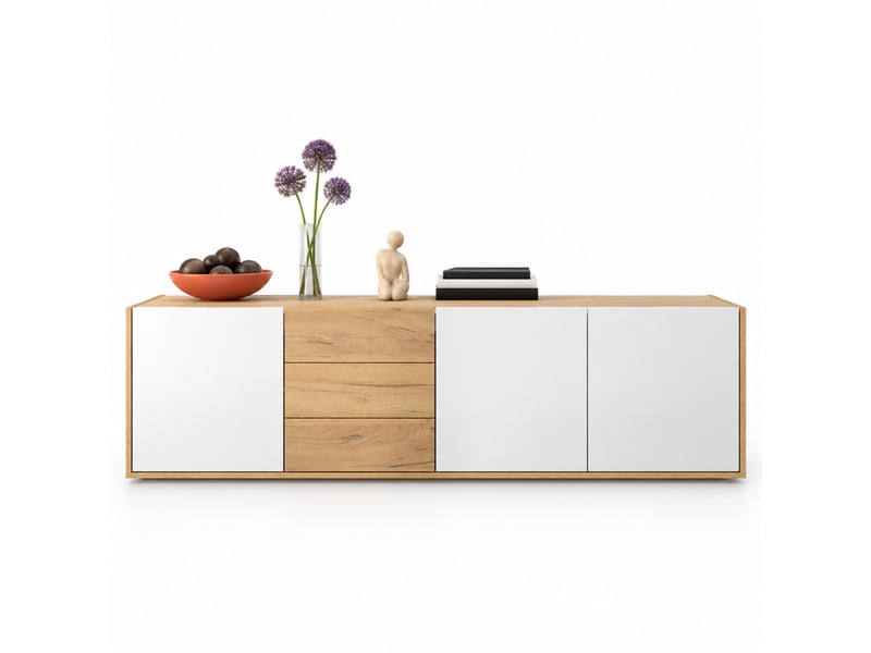  Meuble tv avec 3 portes, 3 tiroirs et étagères réglables, pose au sol ou murale, pour salon, mdf, blanc et bois  - Conforama A