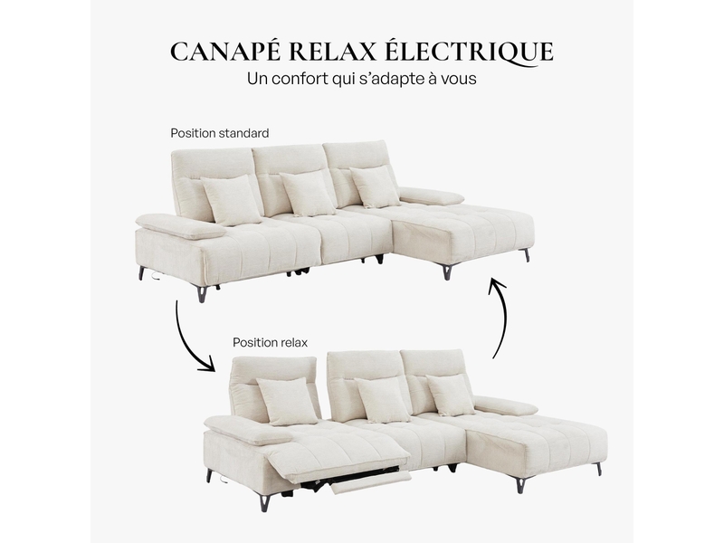  Canapé d'angle relax électrique en tissu matelassé beige - angle droit  - Conforama D