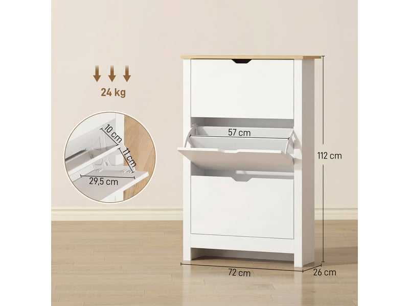  Meuble à chaussures 3 compartiments, capacité 18 paires. Étagère rangement chaussures, 72 x 26 x 112 cm, blanc et marron  - Conforama D