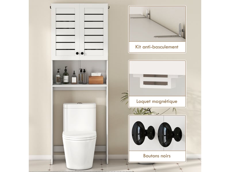 Meuble wc dessus de toilettemachine à laver avec placard à porte double, portes à persiennes, blanc, 67x31,5x190cm - Conforama W