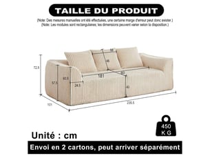 Canapé minimaliste en velours côtelé de 235 cm aux lignes courbes et dossier en pente douce, livré avec deux coussins.