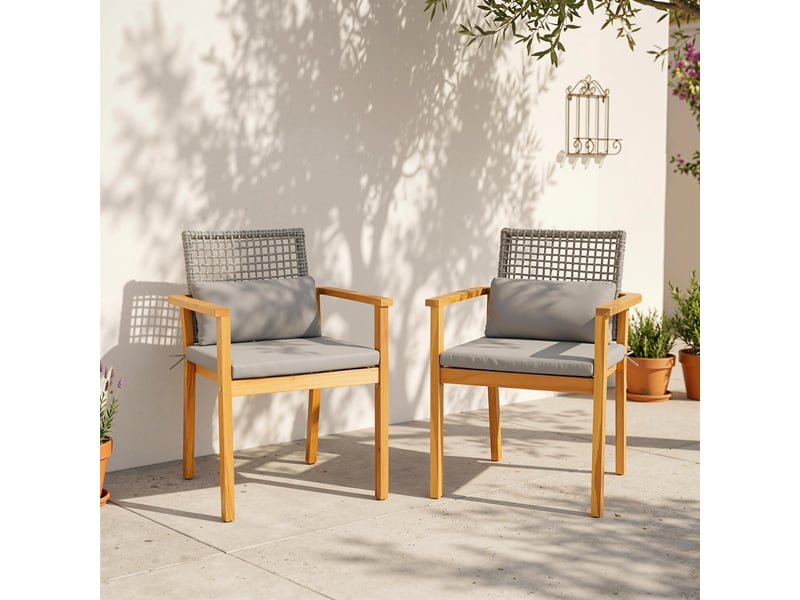  Ensemble de 2 chaises de jardin empilables en bois d'acacia avec coussins, 59 x 55 x 86 cm, coloris gris et bois  - Conforama D