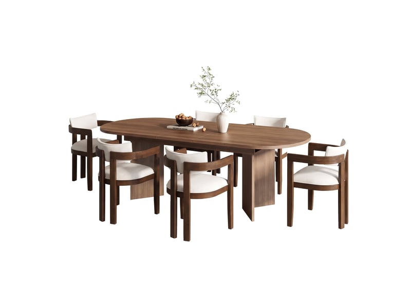 Ensemble table et chaises de salle à manger, table extensible 160/200 x 90 cm, 6 chaises en bois massif avec tissu en lin, style moderne, coloris noyer - Conforama A