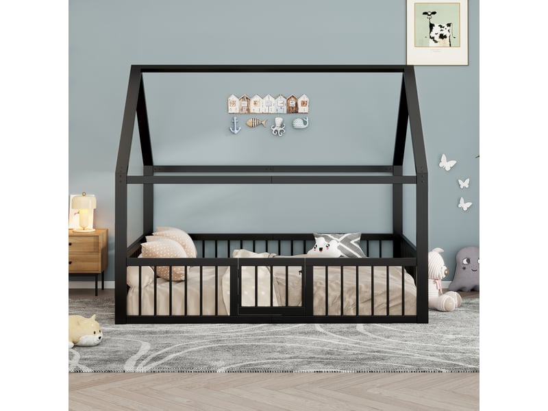  Lit cabane enfant 140 × 200 cm 2 places avec barrières et portillon, sans matelas, en métal, noir  - Conforama B