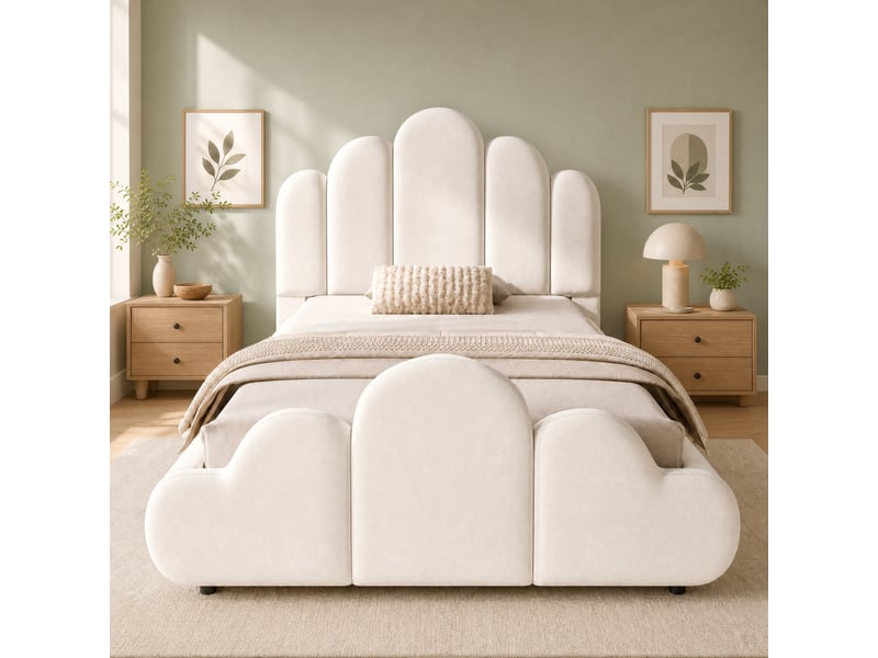  Lit enfant rembourré modenvie 90 x 200 cm avec sommier à lattes, tête de lit rembourrée, coins arrondis, velours beige  - Conforama B