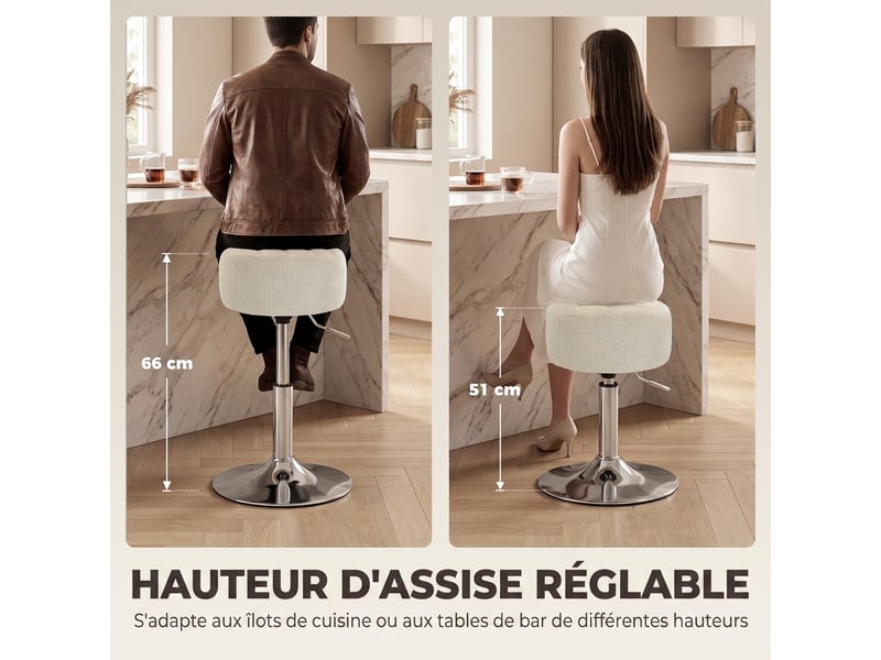  Tabouret de coiffeuse en chenille, tabouret de bar réglable en hauteur 51-66 cm, tabouret de maquillage pivotant, crème  - Conforama A