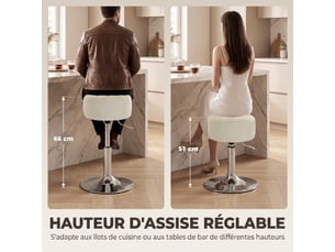 Tabouret de coiffeuse en chenille, tabouret de bar réglable en hauteur 51-66 cm, tabouret de maquillage pivotant, crème