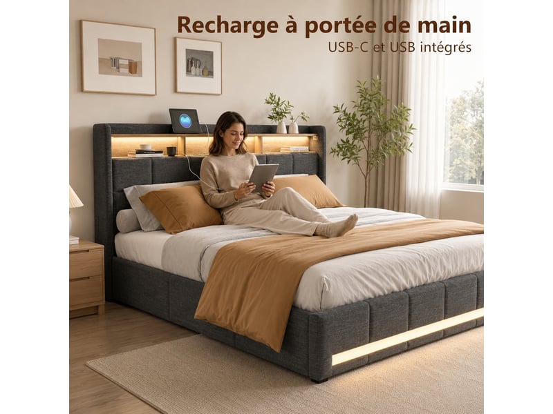  Lit avec rangement 140x200 cm - lit coffre capitonné avec led et usb - lit adulte avec 4 tiroirs - lit 2 places avec sommier à lattes - lin gris  - Conforama R