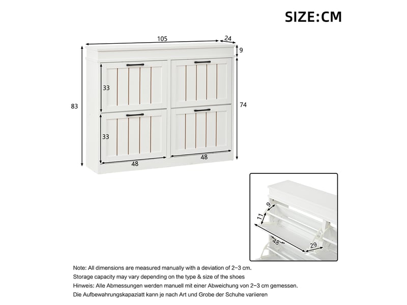  Meuble à chaussures blanc en mdf, rangement gain de place à 4 portes abattantes et 8 compartiments pour entrée, 105 x 24 x 83 cm  - Conforama C