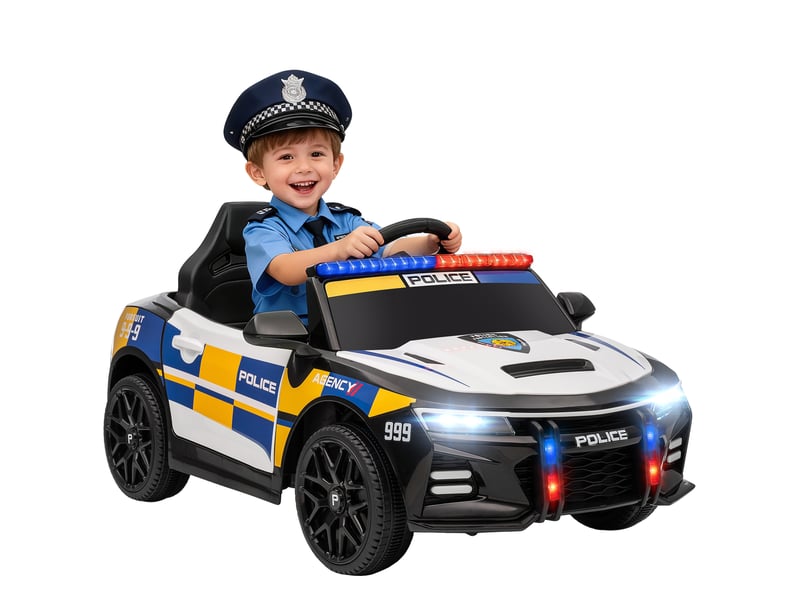 Voiture électrique de police enfant 12v, double moteur, télécommande, usb, mp3, musique & klaxon, multicolore - Conforama A
