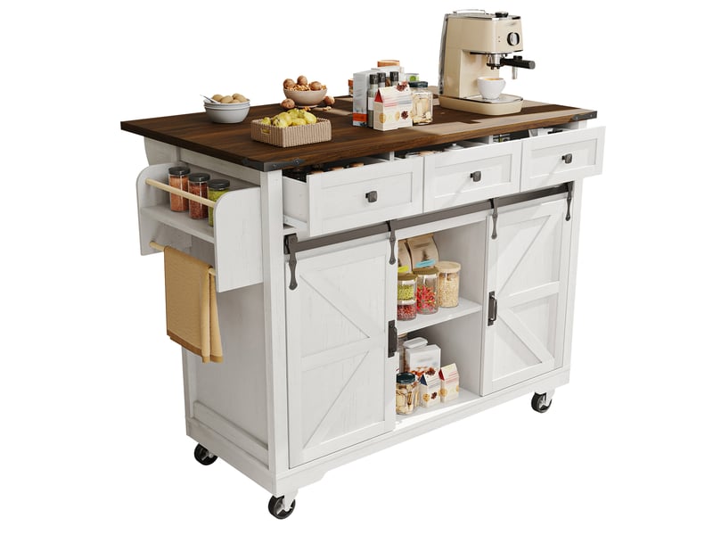  Îlot de cuisine avec plateau extensible 140cm, chariot de cuisine sur roulettes, meuble de rangement beige avec portes coulissantes  - Conforama A