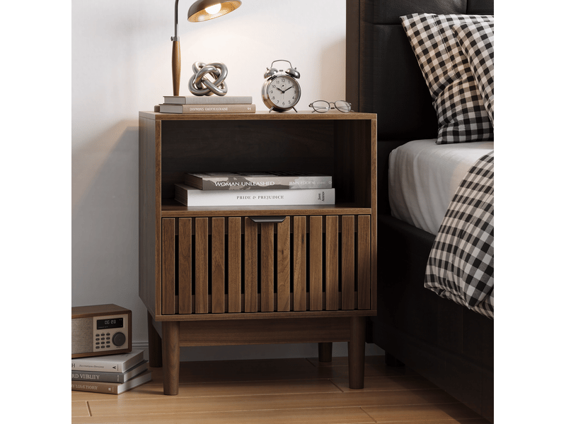  Table de chevet 45x39x56,5 cm, 1 tiroir, rangement ouvert, style moderne mi-siècle, mdf, noyer  - Conforama D